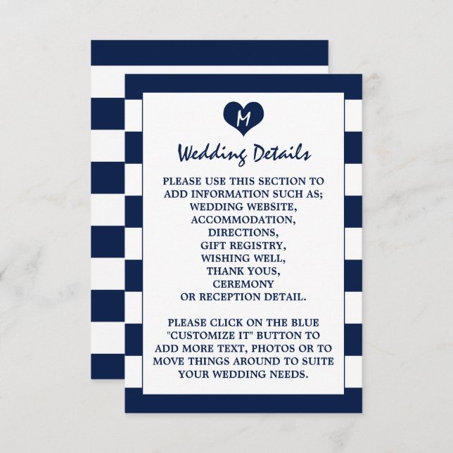 Modern Chic Navy Blue & White Wedding Detail Enclosure Card (Front/Back)