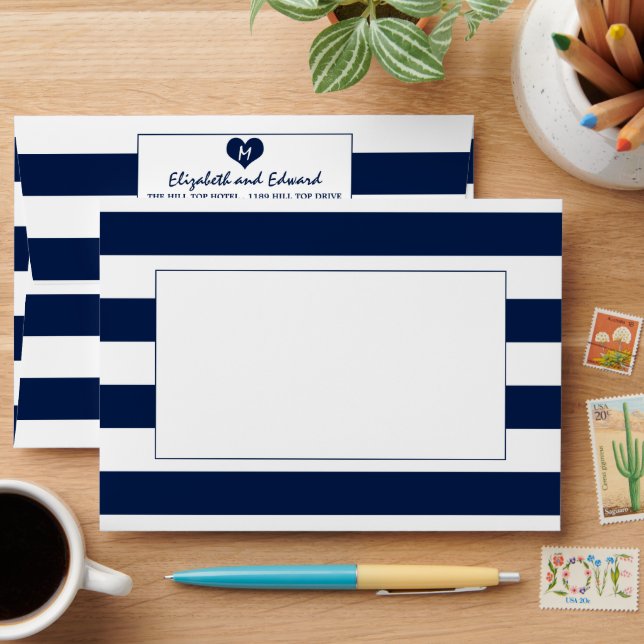 Modern Chic Navy Blue & White Wedding Envelope (Desk)