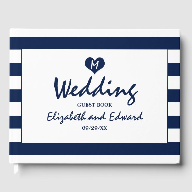 Modern Chic Navy Blue & White Wedding Guest Book (Front)