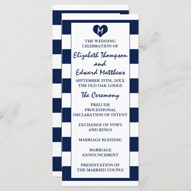 Modern Chic Navy Blue & White Wedding  Programme (Front/Back)
