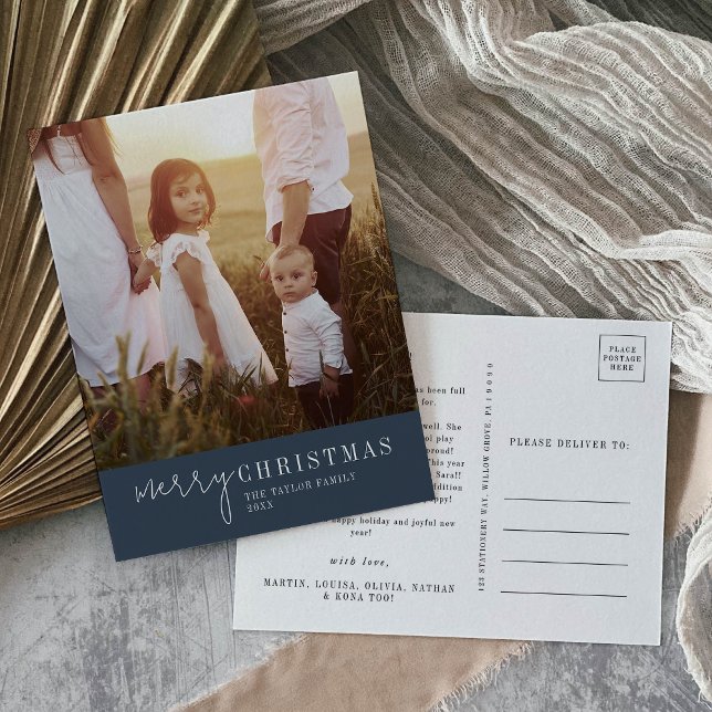 Modern Chic | Navy Christmas Photo Year in Review Holiday Postcard (Creator Uploaded)