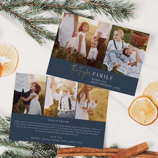 Modern Chic | Navy Foil Family Photo Collage News Foil Holiday Card (Creator Uploaded)