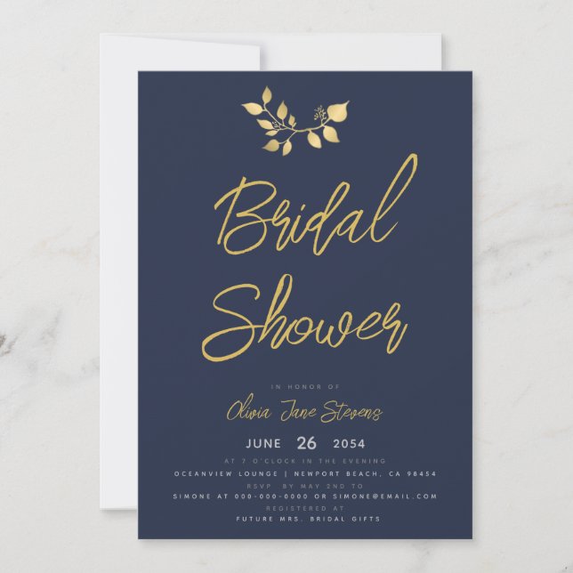 Modern Chic Navy Gold Botanical Bridal Shower Invitation (Front)