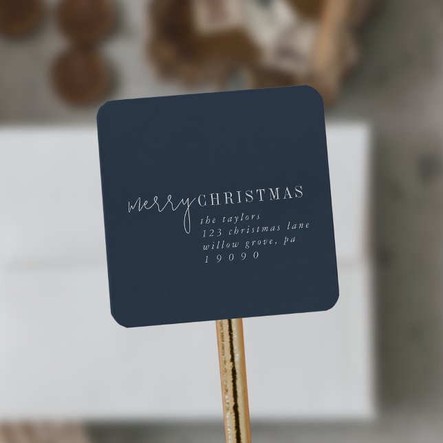 Modern Chic | Navy Merry Christmas Return Address Square Sticker (Creator Uploaded)