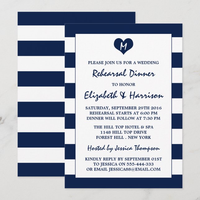 Modern Chic Navy & White Wedding Rehearsal Dinner Invitation (Front/Back)