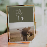Modern Chic Olive Green 5x7" Photo Table Numbers<br><div class="desc">These modern chic olive green 5x7" photo table numbers are perfect for a simple wedding. The woodsy boho design features rustic unique and stylish bohemian typography in a minimal woodland forest green colour. The card prints on the front and back (double-sided). Personalise each card with a different engagement or travel...</div>