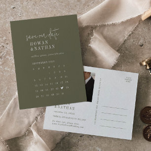 Modern Chic Olive Green Calendar Save the Date Invitation Postcard