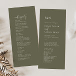 Modern Chic Olive Green Flat Wedding Program Programme<br><div class="desc">This minimalist chic olive green flat wedding program is perfect for a simple wedding. The woodsy boho design features rustic unique and stylish bohemian typography in a minimal woodland forest green colour. Include the name of the bride and groom, the wedding date and location, thank you message, order of service,...</div>