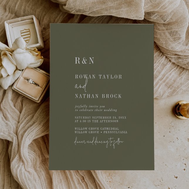 Modern Chic Olive Green Monogram Wedding Invitation (Creator Uploaded)