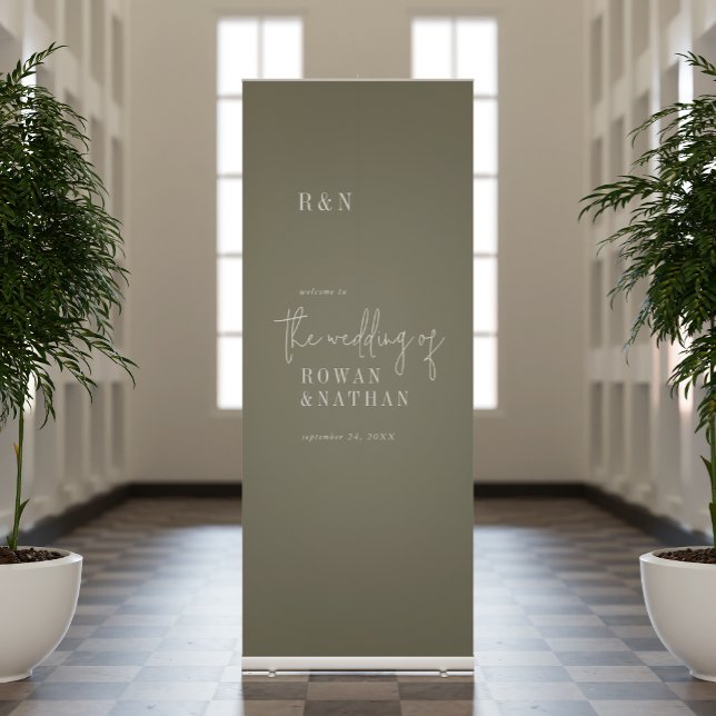 Modern Chic Olive Green Monogram Wedding Welcome Retractable Banner (Creator Uploaded)
