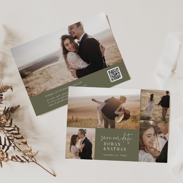 Modern Chic Olive Green Photo Collage Save The Date (Creator Uploaded)