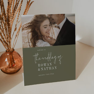 Modern Chic Olive Green Photo Wedding Welcome Pedestal Sign