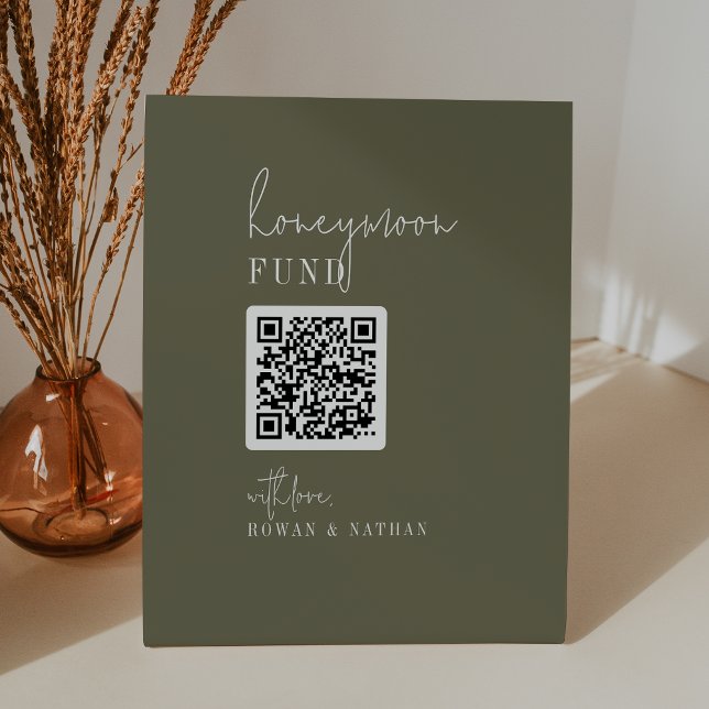 Modern Chic Olive Green QR Code Honeymoon Fund  Pedestal Sign (Creator Uploaded)