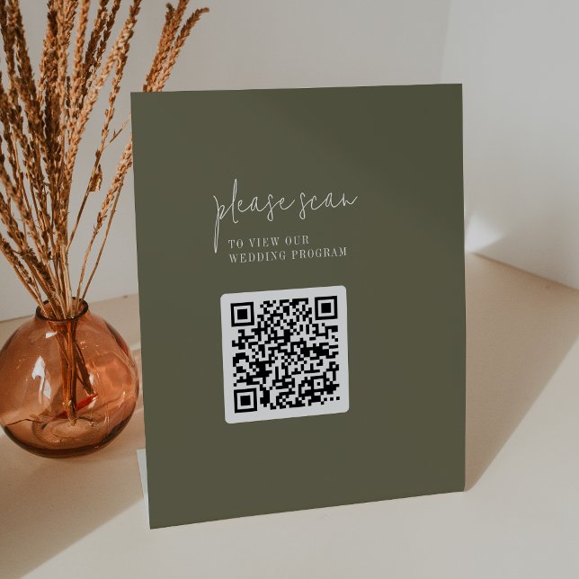 Modern Chic Olive Green QR Code Wedding Program Pedestal Sign (Creator Uploaded)