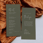 Modern Chic Olive Green Thank You and Wedding Menu<br><div class="desc">This modern chic olive green thank you and wedding menu is perfect for a simple wedding. The woodsy boho design features rustic unique and stylish bohemian typography in a minimal woodland forest green colour. Personalise the table card with your menu on the front and a thank you message for your...</div>