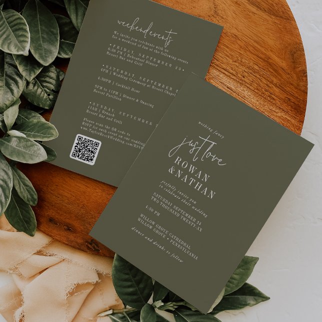 Modern Chic Olive Green Weekend Events QR Wedding Invitation (Creator Uploaded)