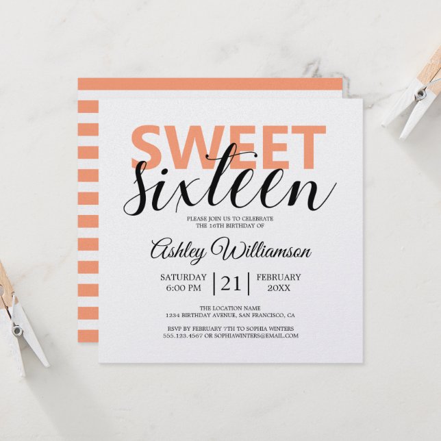 Modern Chic Orange White Stripes Sweet 16 Invitation (Front/Back In Situ)