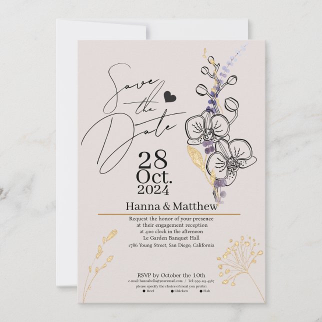 Modern Chic Orchid Black & Purple Save The Date (Front)