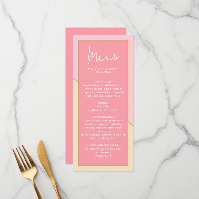Modern Chic Pastel Pink Gold & Script Wedding Menu (Front/Back In Situ)