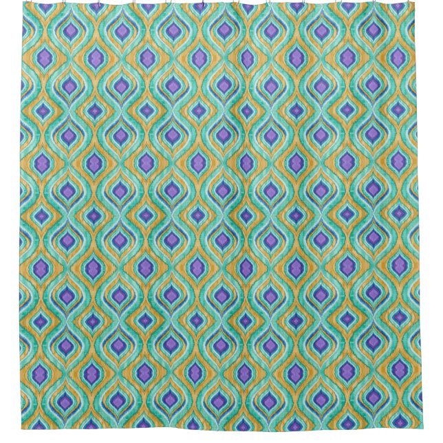 Modern Chic Peacock Feather Ikat Pattern Shower Curtain (Front)
