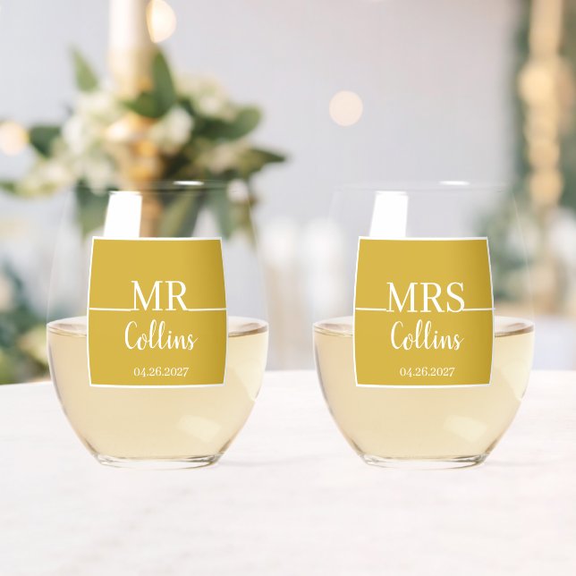  Modern Chic Personalised Mr & Mrs Date Wedding  Stemless Wine Glass (Insitu (Wedding))