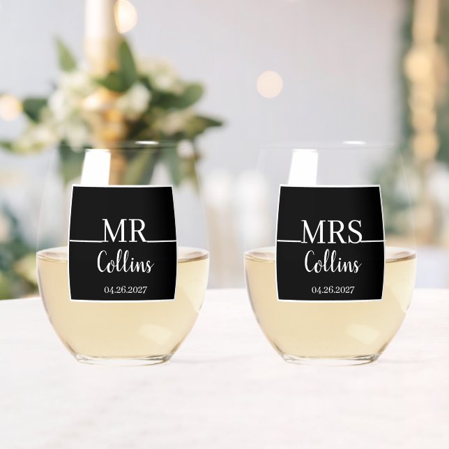  Modern Chic Personalised Mr & Mrs Date Wedding  Stemless Wine Glass (Insitu (Wedding))