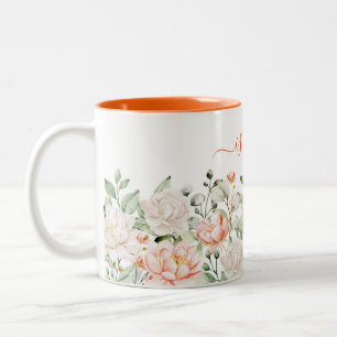 Modern chic personalised watercolor floral girly Two-Tone coffee mug