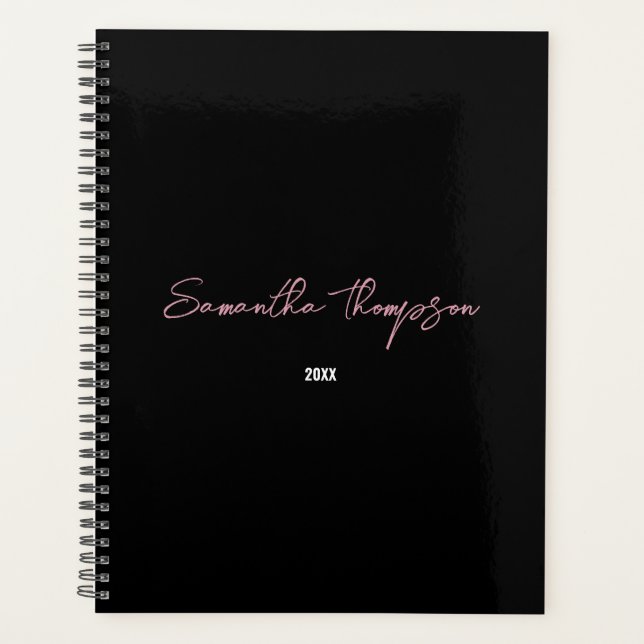 Modern Chic Pink Black Minimalist Script  Planner (Front)