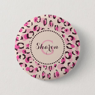 Modern chic pink cheetah print pattern monogram 6 cm round badge