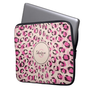Modern chic pink cheetah print pattern monogram laptop sleeve