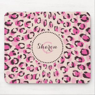 Modern chic pink cheetah print pattern monogram mouse mat