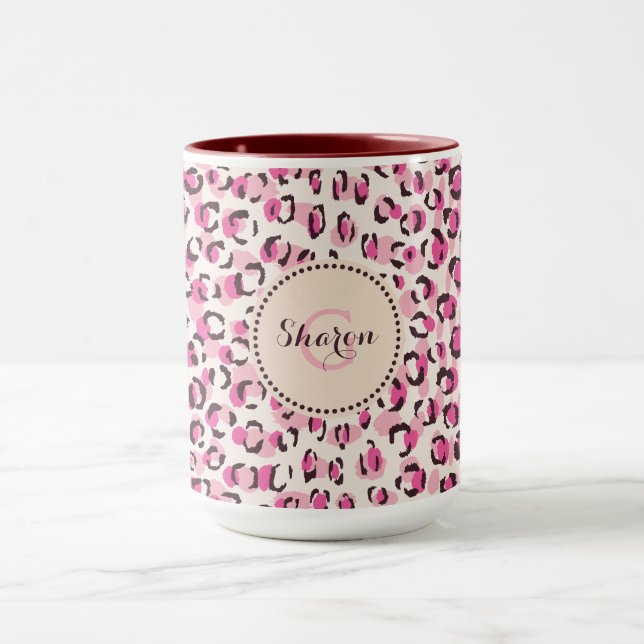 Modern chic pink cheetah print pattern monogram mug (Center)