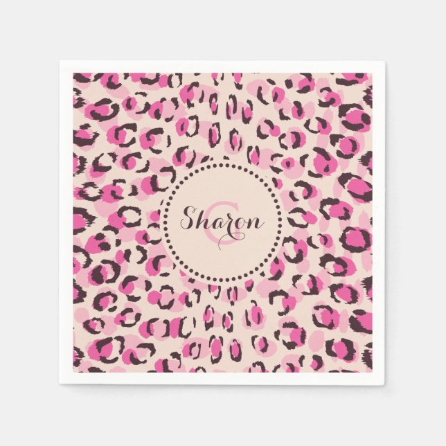 Modern chic pink cheetah print pattern monogram napkin (Front)
