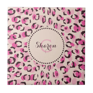 Modern chic pink cheetah print pattern monogram tile