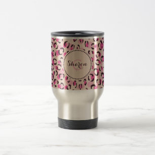 Modern chic pink cheetah print pattern monogram travel mug