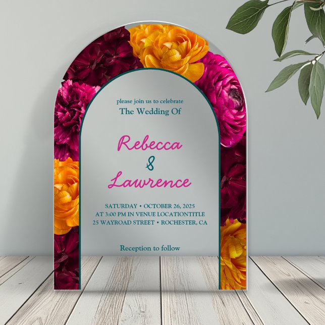 Modern chic pink green yellow floral wedding arch acrylic invitations (Creator Uploaded)