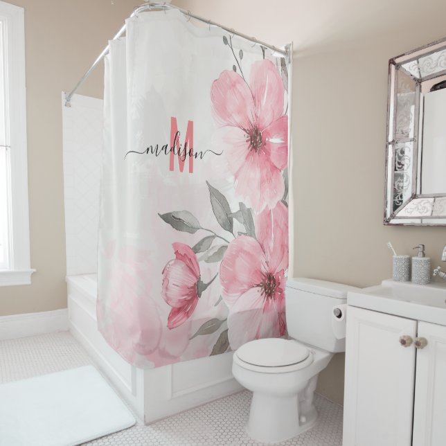 Modern Chic Pink Monogram Funny Script Wedding Shower Curtain (In Situ)