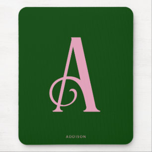 Modern Chic Pink Monogram Initial on Dark Green Mouse Mat