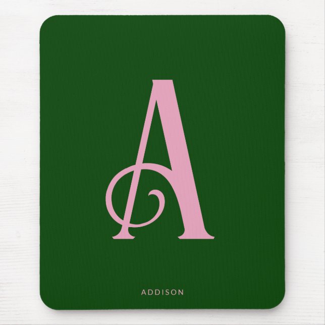 Modern Chic Pink Monogram Initial on Dark Green Mouse Mat (Front)