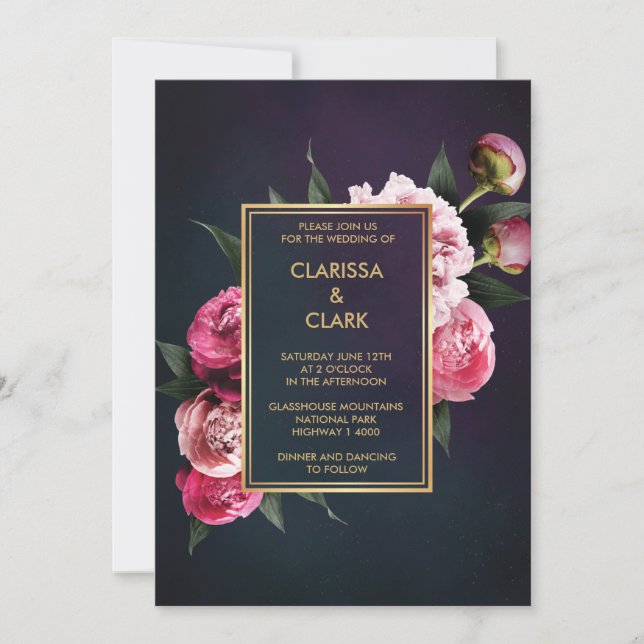 Modern Chic Pink Peony Romantic Gold Wedding Invitation (Front)