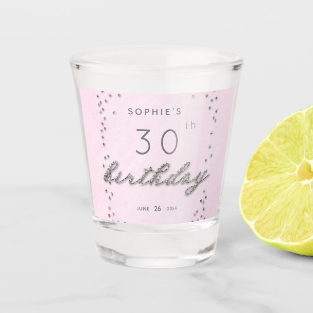 Modern Chic Pink Sparkle Glitter Birthday Party Shot Glass (Front)