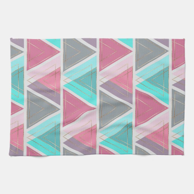 Modern Chic Pink Teal Gold Geometric Triangles Tea Towel (Horizontal)