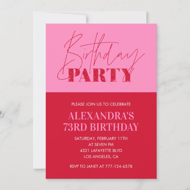 Modern Chic Pink Typography 73rd birthday Party Invitation (Front)