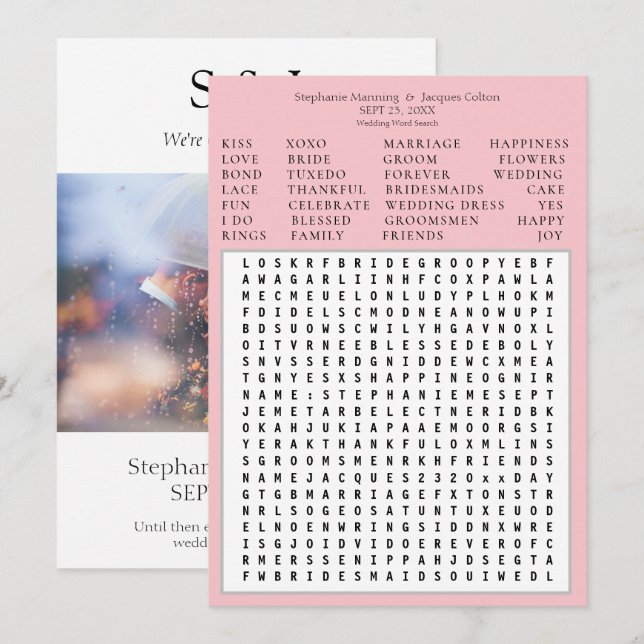 Modern Chic Pink Wedding Word Search Save Date Invitation (Front/Back)