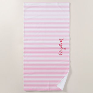 Modern Chic Pink White Stripes Monogrammed Pool Beach Towel
