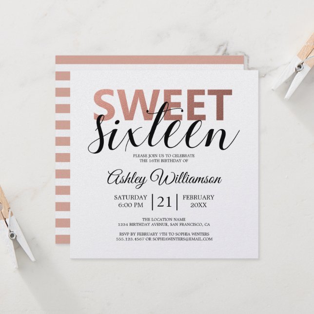 Modern Chic Pink White Stripes Pink Sweet 16 Invitation (Front/Back In Situ)