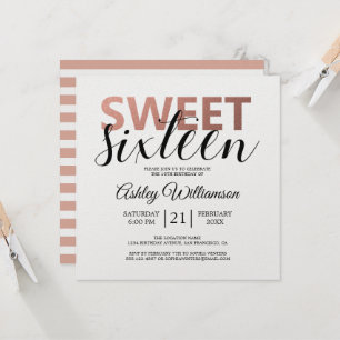 Modern Chic Pink White Stripes Pink Sweet 16 Invitation
