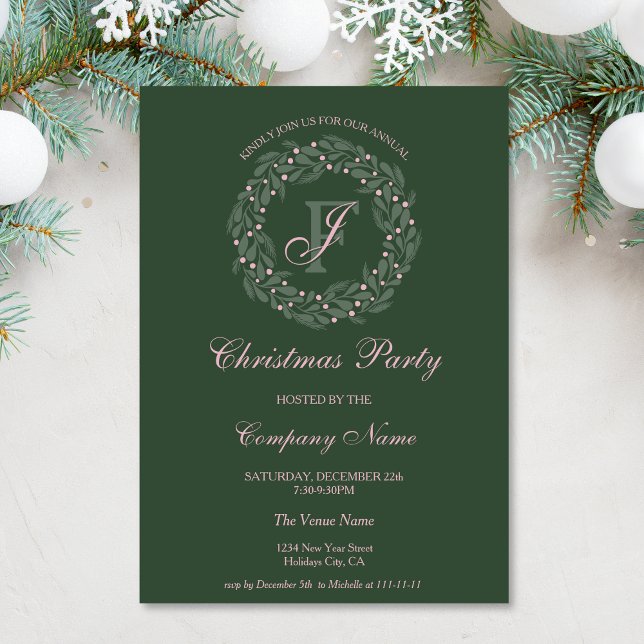 Modern Chic Pink Wreath Corporate Christmas Party Invitation (Creator Uploaded)