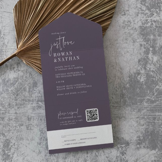 Modern Chic Plum Purple Just Love QR Code Wedding All In One Invitation (Creator Uploaded)