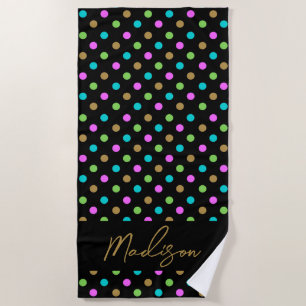 Modern Chic Polka Dots Personalised Black & Gold Beach Towel